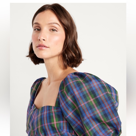 Old Navy Plaid blue Puff  Sleeve Fit and Flair Dress - Picture 4 of 4